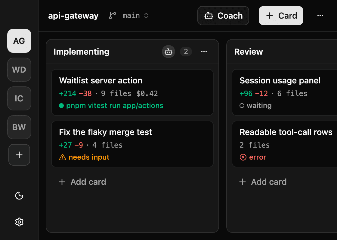 The same app in a narrow window, scrolled to the Implementing column: one card is running with its diffstat, its cost and the command the agent is running right now, and the one under it is marked needs input. The Review column beside it is half in frame, with a card waiting and a card that has errored.