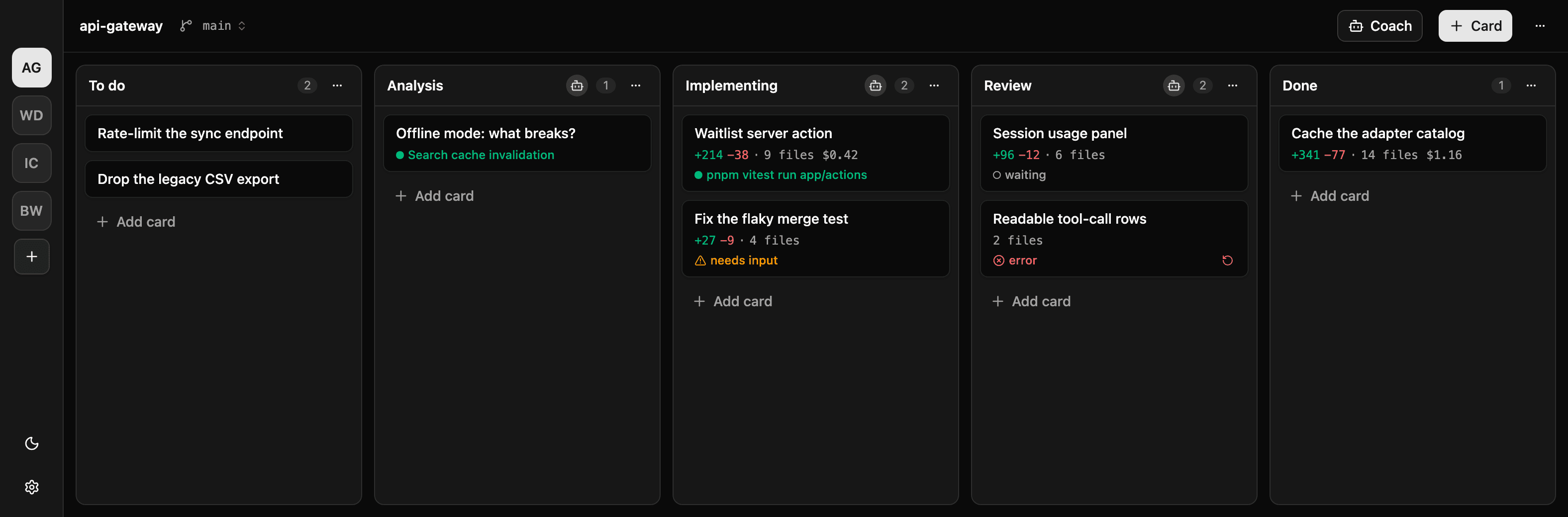 The app: a board for the project api-gateway with the columns To do, Analysis, Implementing, Review and Done. Three columns carry a column agent. Cards show their agent's current action, the diffstat of their branch and the cost so far; one is marked needs input and one has errored, with a retry button beside it.