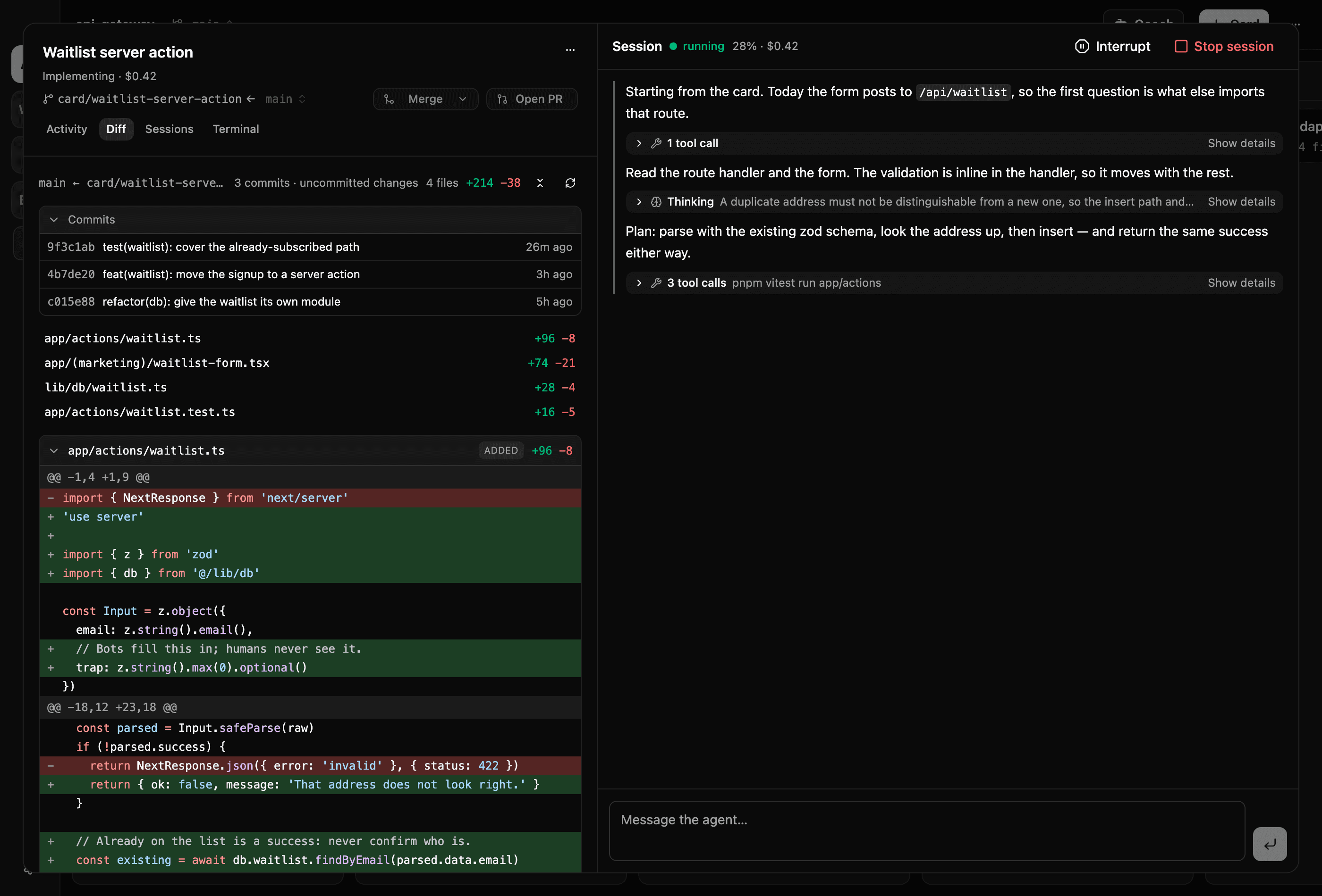 The same card on its Diff tab: main ← the card’s own branch, four changed files with per-file diffstats, one of them expanded to its hunks with added and removed lines tinted green and red. Merge and Open PR sit in the header above it.