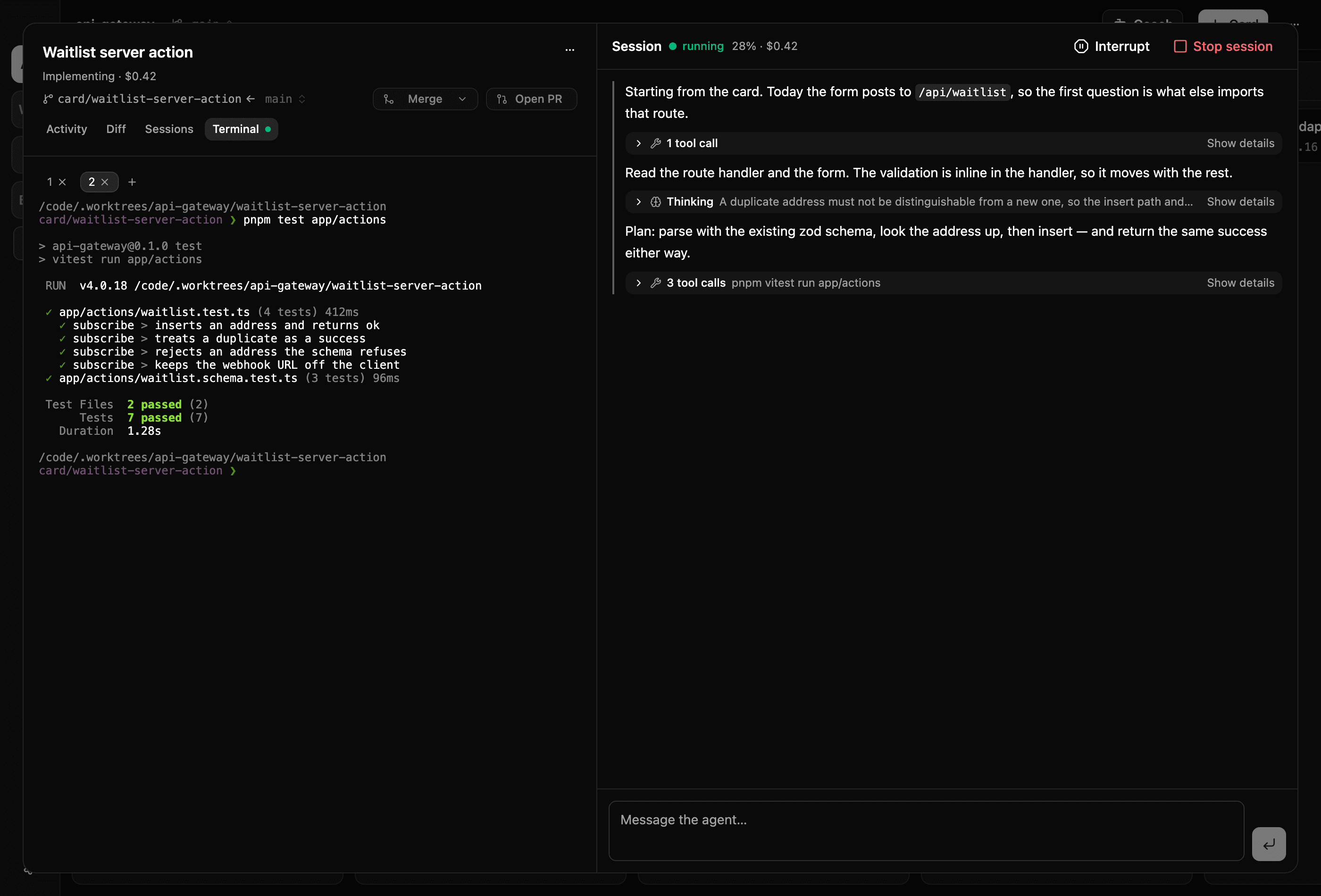 The same card on its Terminal tab, its label carrying a green dot for the live shell: two numbered shells in the strip, the second one open on a finished test run — green checks per test, 2 files and 7 tests passed, and the prompt back in the card’s worktree. The agent’s session keeps running on the right.